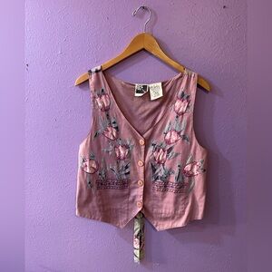 Vintage Purple Floral Embroidered Vest with Tie Back Detail